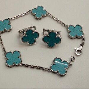 Silver & Turquoise Alhambra Clover Set | 5 charm bracelet & matching earrings